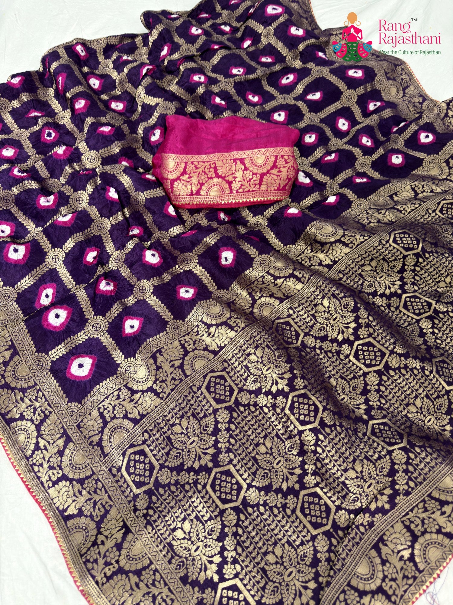 fabric texture of violet pure dola silk bandhej banarasi zari saree