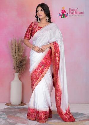 White Pure Russian Silk Banarasi Zari Weave Faag Saree for Wedding Guest | Trending Pick