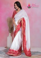 White Red Silk saree with Zari side drape view