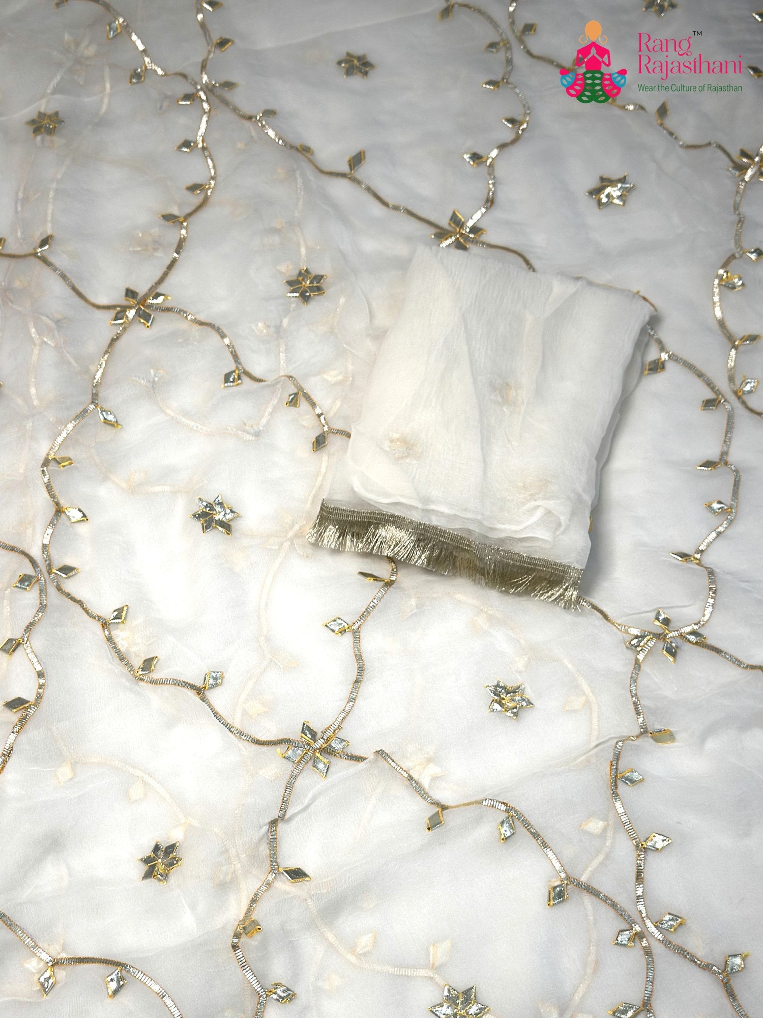 White Chiffon Gota Patti Saree for Wedding Guest | Authentic Craft