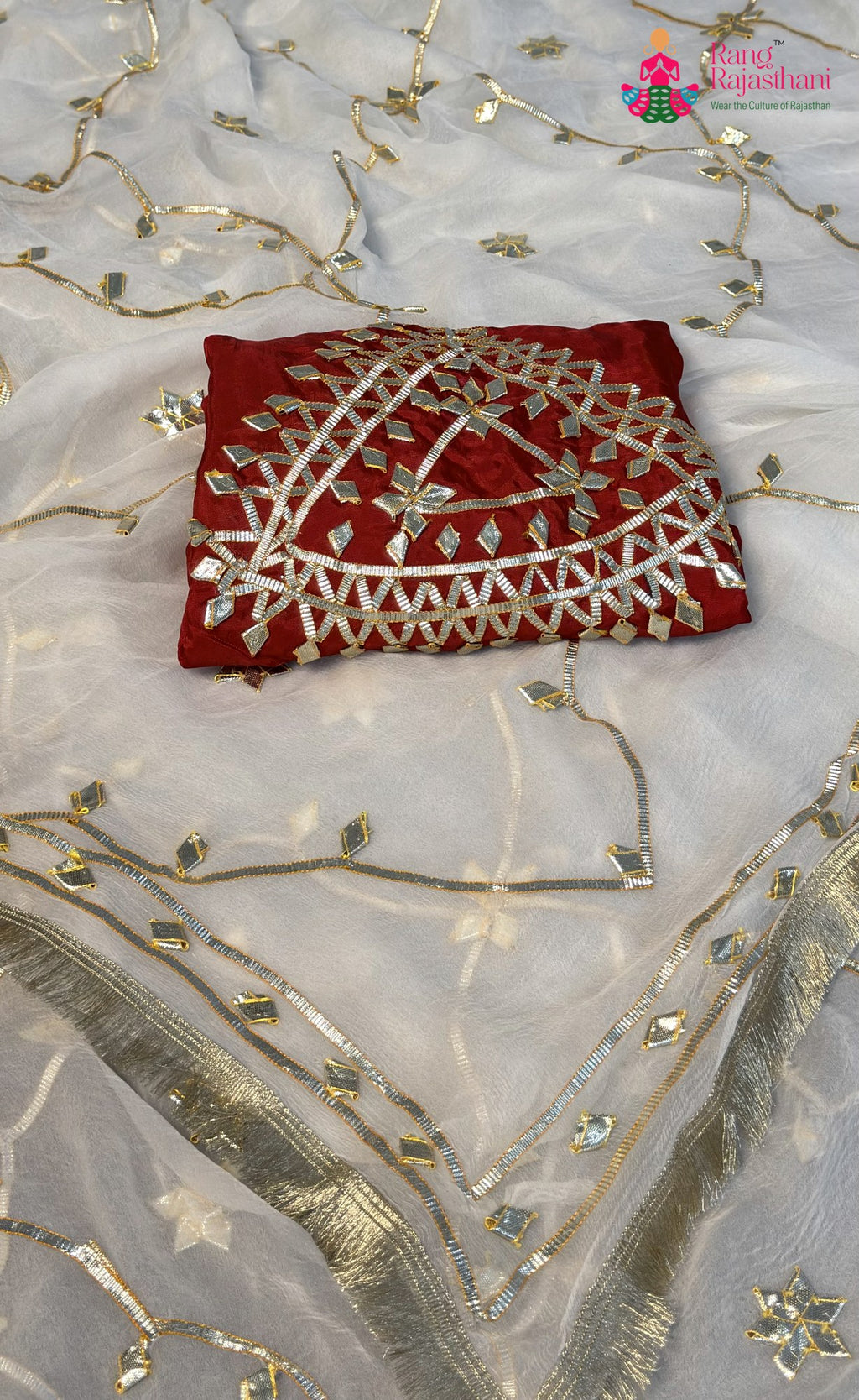 complete look of white chiffon gota patti saree