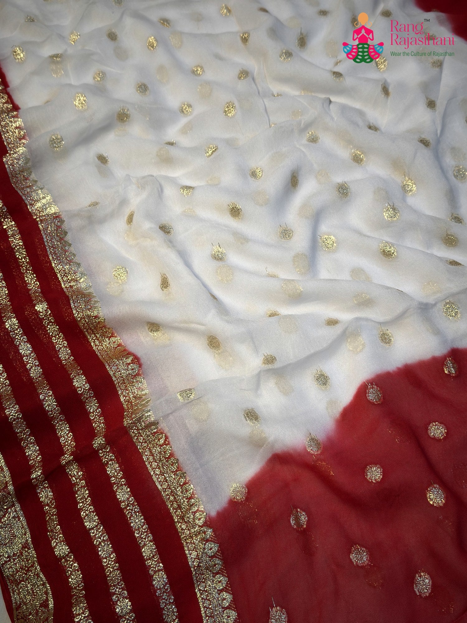 White Soft Georgette Banarasi Zari Weave Faag Saree for Festive Celebration | Reception Pick