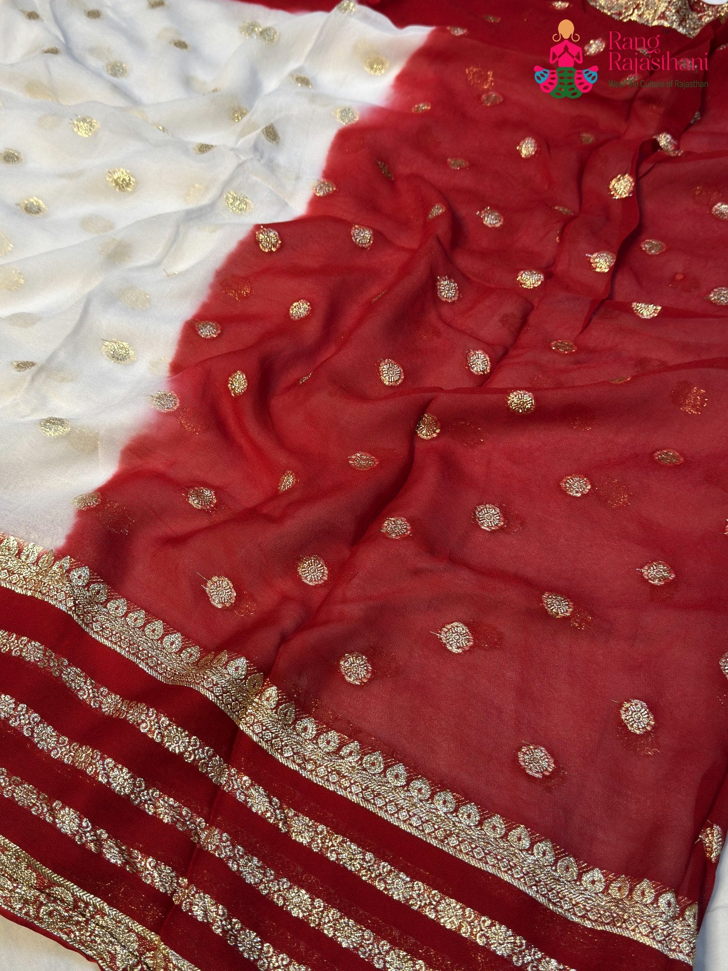 White Soft Georgette Banarasi Zari Weave Faag Saree for Festive Celebration | Reception Pick