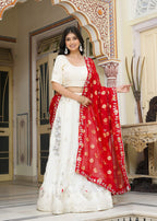 White Red Pure Silk Wedding saree with Zari Work and Mirror Work from Rang Rajasthani