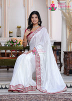 White Synthetic Chinon saree with Royal Border side drape view