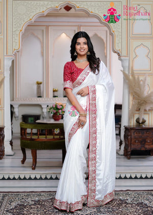 White Art Silk Zari Embroidery Faag Saree for Festive Celebration | Refined Pick