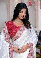 White Synthetic Chinon saree with Royal Border close up detailing