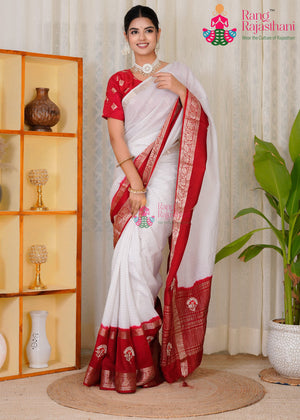 White Pure Upada Silk Banarasi Zari Weave Faag Saree for Wedding Guest | Fashion Edit