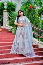 White Net saree with Sequence and Figure Work side drape view