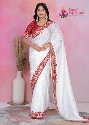 White Art Silk Gota Patti Faag Saree for Festive Celebration | Graceful Pick