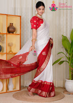White Red Silk saree with Boutique Handwork side drape view