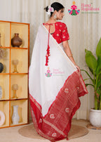 White Red Silk saree with Boutique Handwork back view