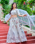 White Net saree with Sequence and Figure Work back view