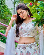 White Net saree with Sequence and Figure Work close up detailing