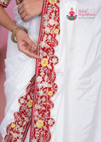 White Synthetic Chinon saree with Gotta Patti Work close up detailing