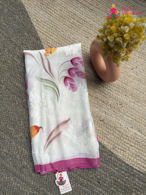 White Pure Chiffon Brush Print Printed Saree for Raksha Bandhan | Wedding Ready