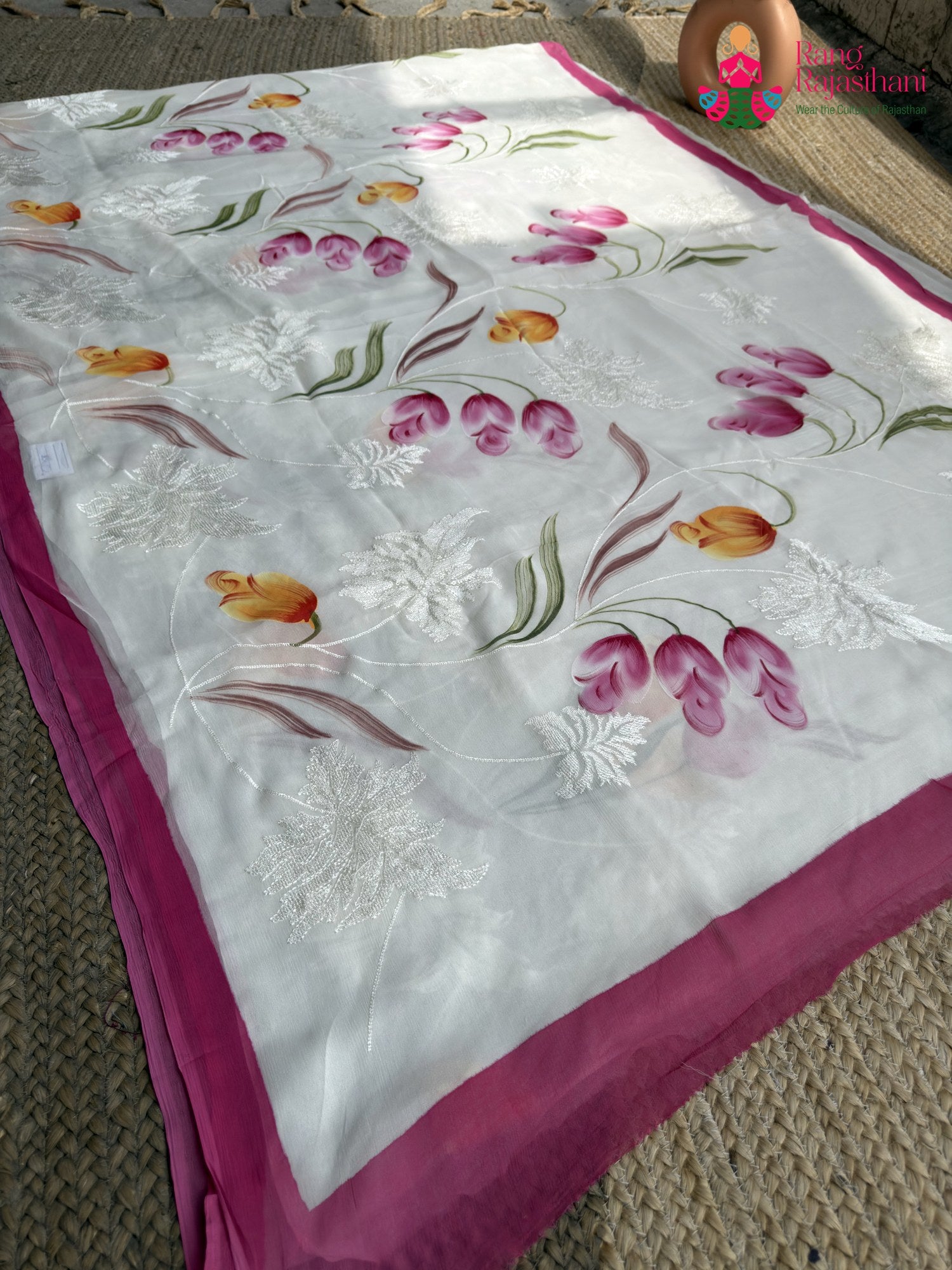 White Pure Chiffon Brush Print Printed Saree for Raksha Bandhan | Wedding Ready