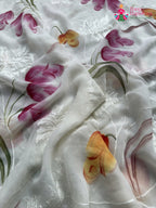White Pure Chiffon Brush Print Printed Saree for Raksha Bandhan | Wedding Ready