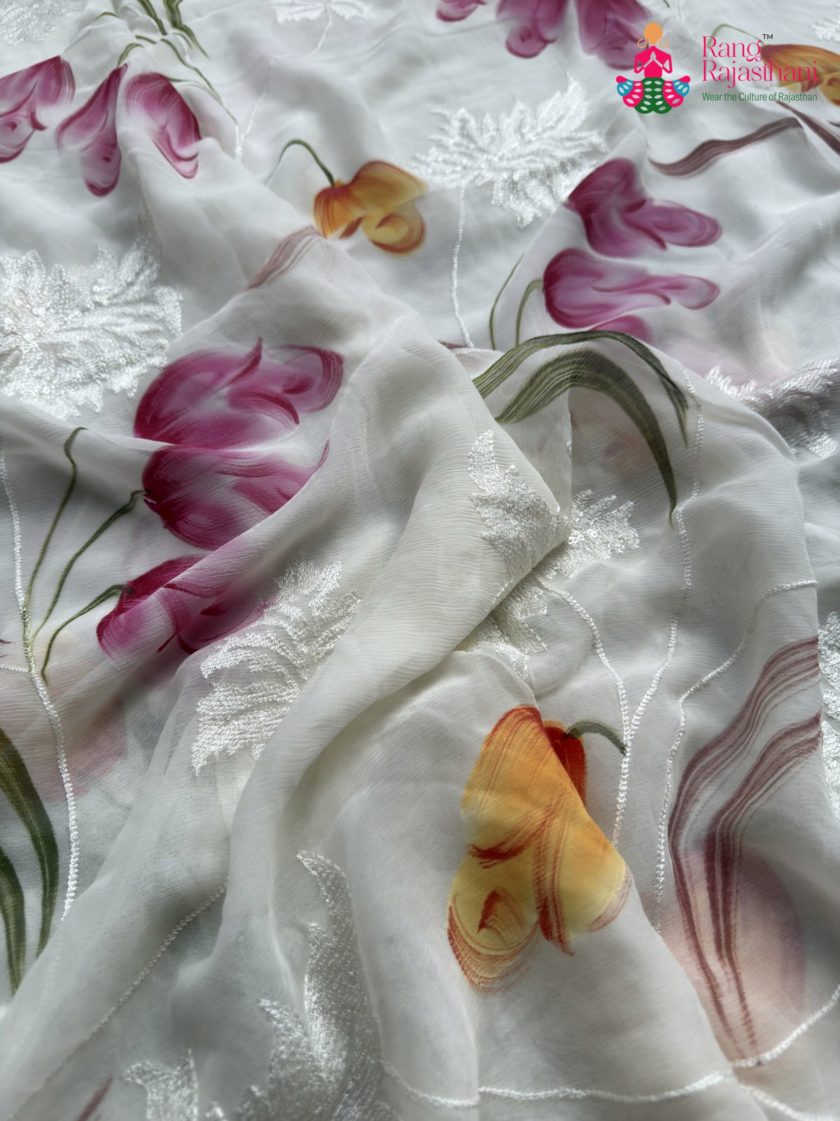 White Pure Chiffon Brush Print Printed Saree for Raksha Bandhan | Wedding Ready
