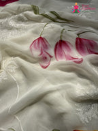 White Pure Chiffon Brush Print Printed Saree for Raksha Bandhan | Wedding Ready