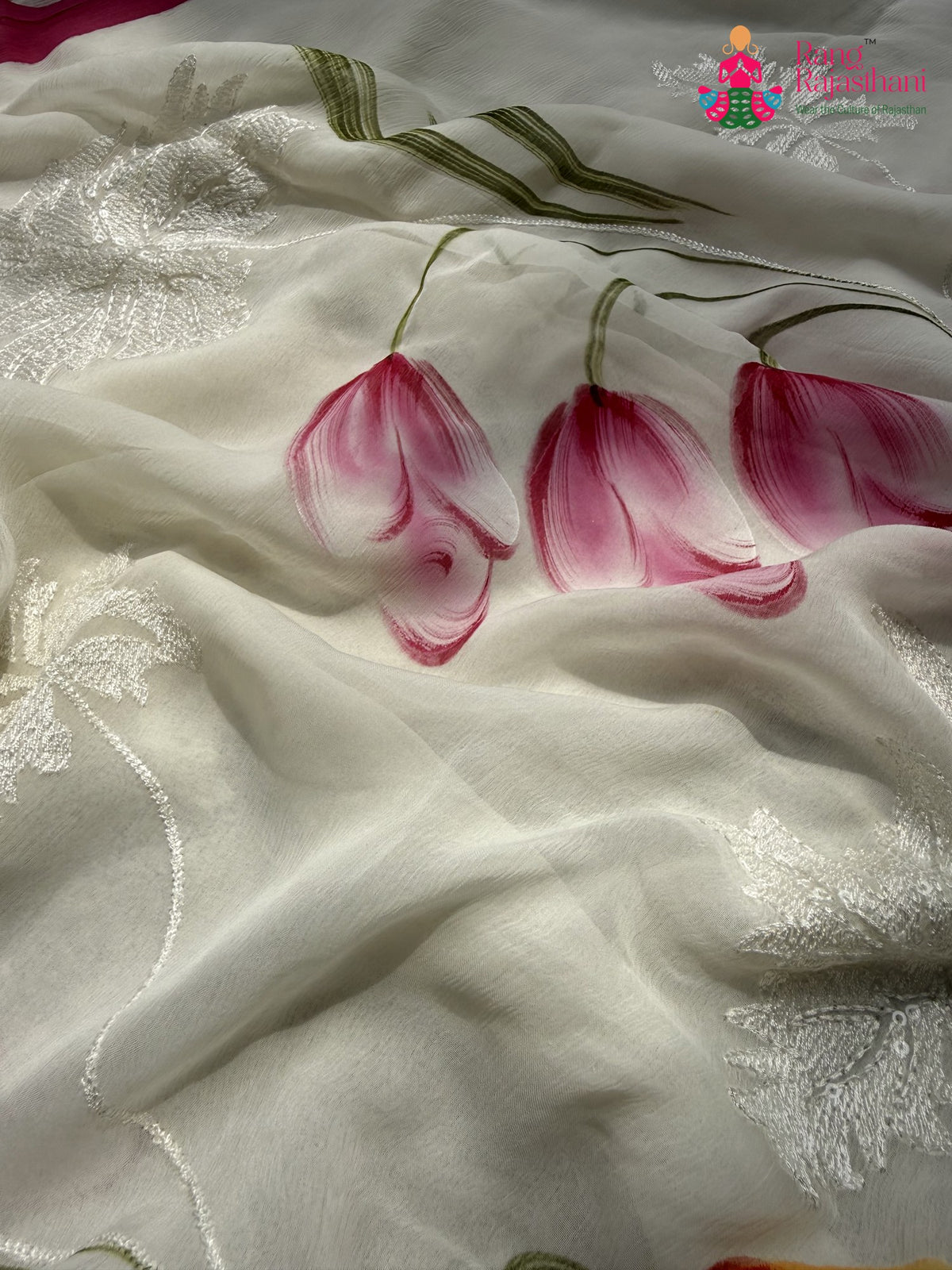 White Pure Chiffon Brush Print Printed Saree for Raksha Bandhan | Wedding Ready