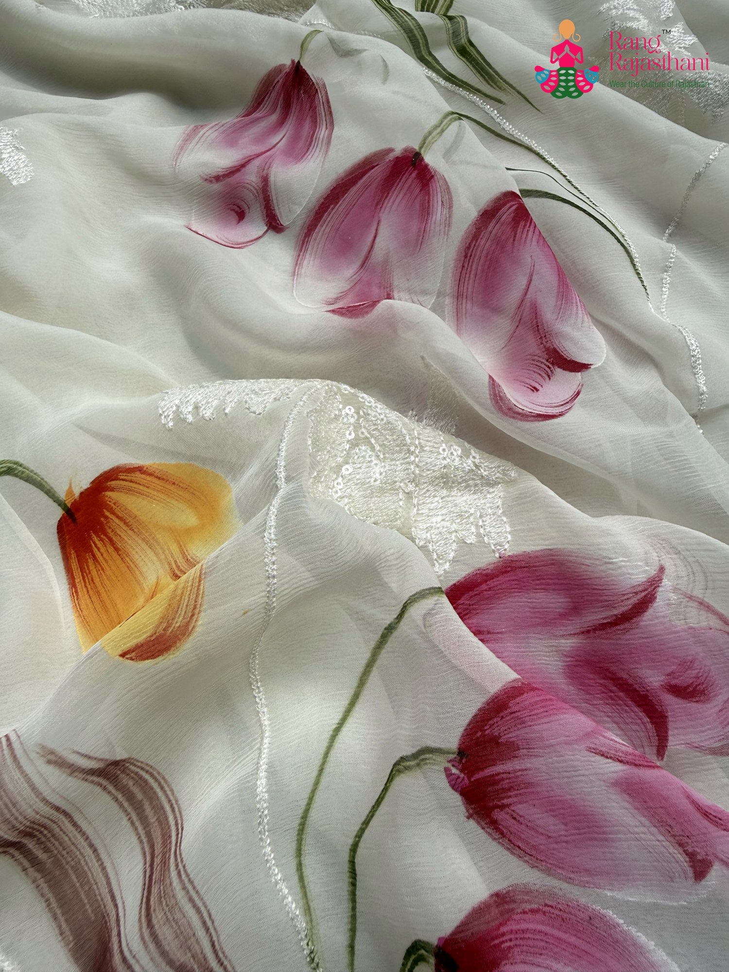 White Pure Chiffon Brush Print Printed Saree for Raksha Bandhan | Wedding Ready