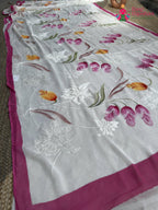 White Pure Chiffon Brush Print Printed Saree for Raksha Bandhan | Wedding Ready