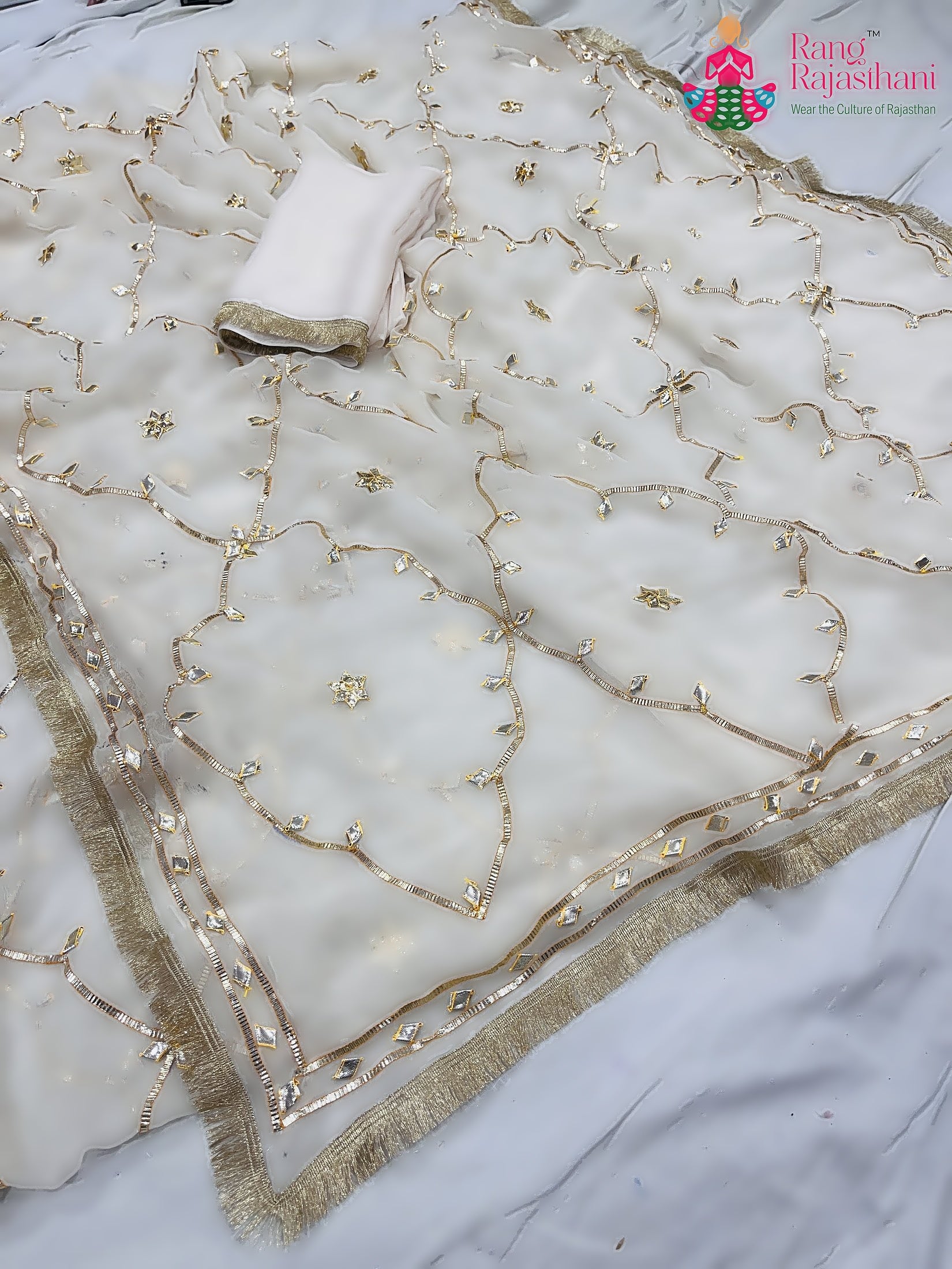 White Pure Chiffon Gota Patti Work Saree : Pure Flow