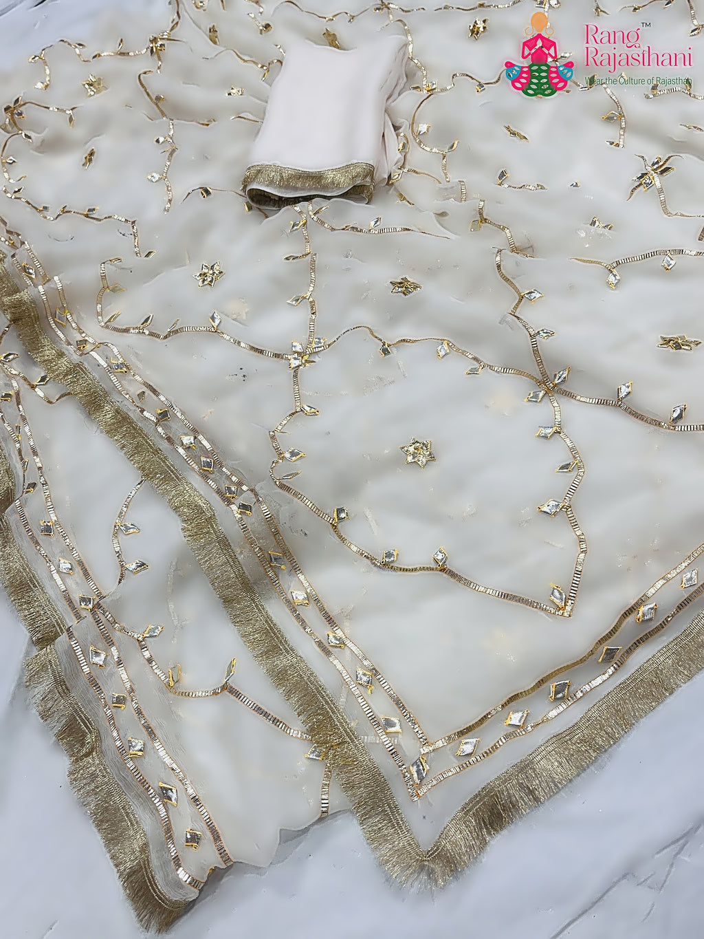 White Pure Chiffon Gota Patti Work Saree : Pure Flow