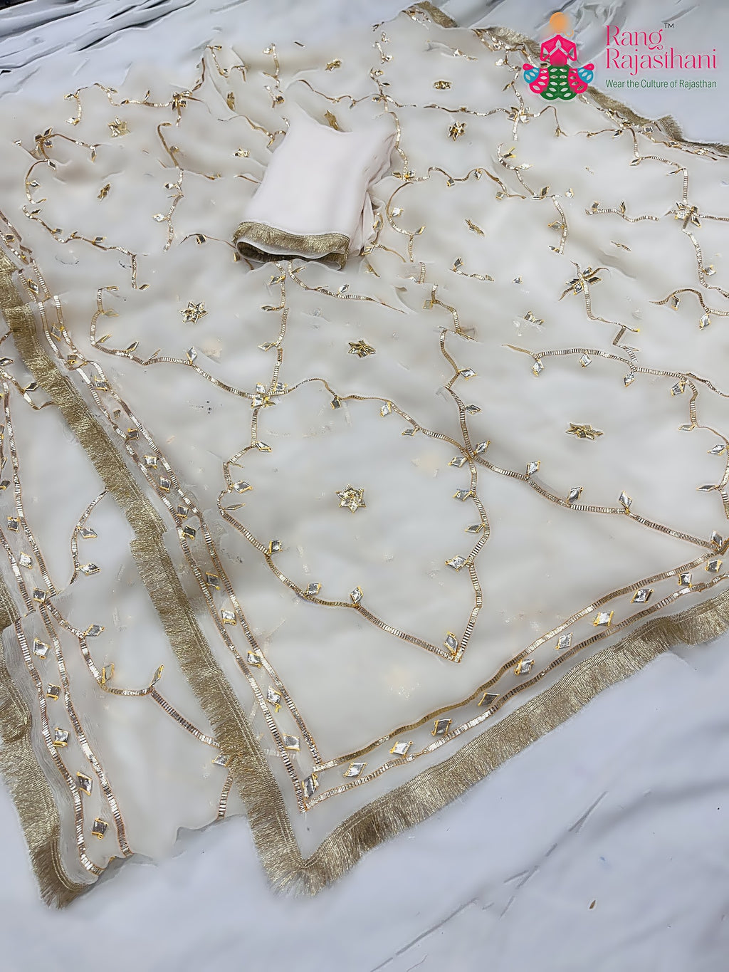 White Pure Chiffon Gota Patti Work Saree : Pure Flow