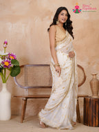 intricate detail of white pure chiffon gota patti saree