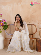 border detail of white pure chiffon gota patti saree