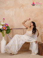 pallu detailing of white pure chiffon gota patti saree
