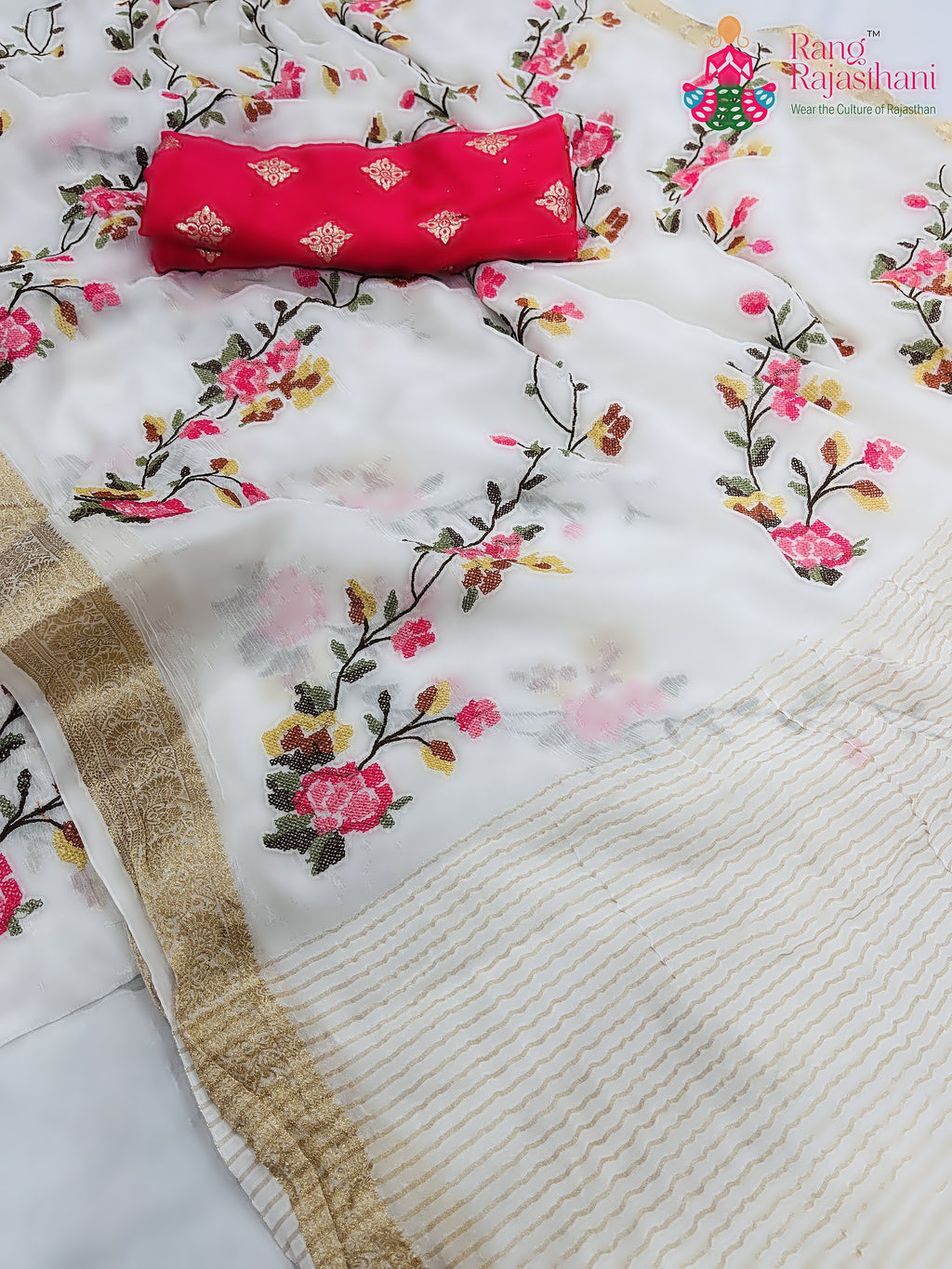 White Pure Chinon Resham Embroidery Saree : Soft Poise