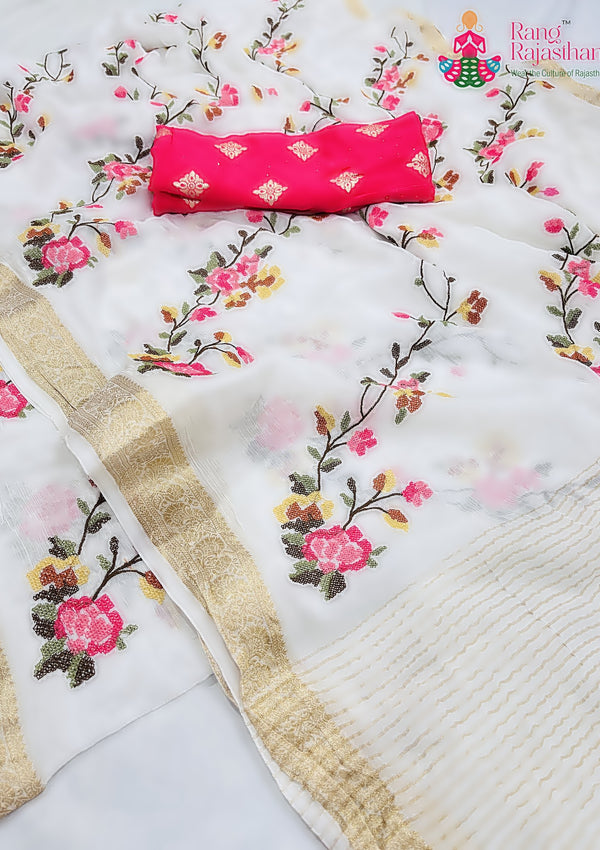 White Chinnon Resham Embroidery Saree for Festive Celebration | Order Online