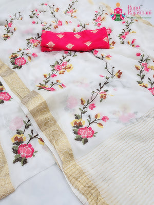 White Chinnon Resham Embroidery Saree for Festive Celebration | Order Online