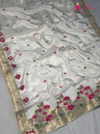 pallu detailing of white pure ho silk meenakari saree