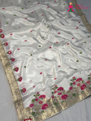 White Pure Ho Silk Meenakari Zari Saree for Wedding Guest | Statement Drape