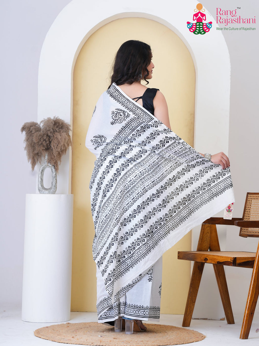 White Cotton saree with Printed back view