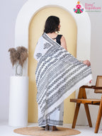 White Cotton saree with Printed back view