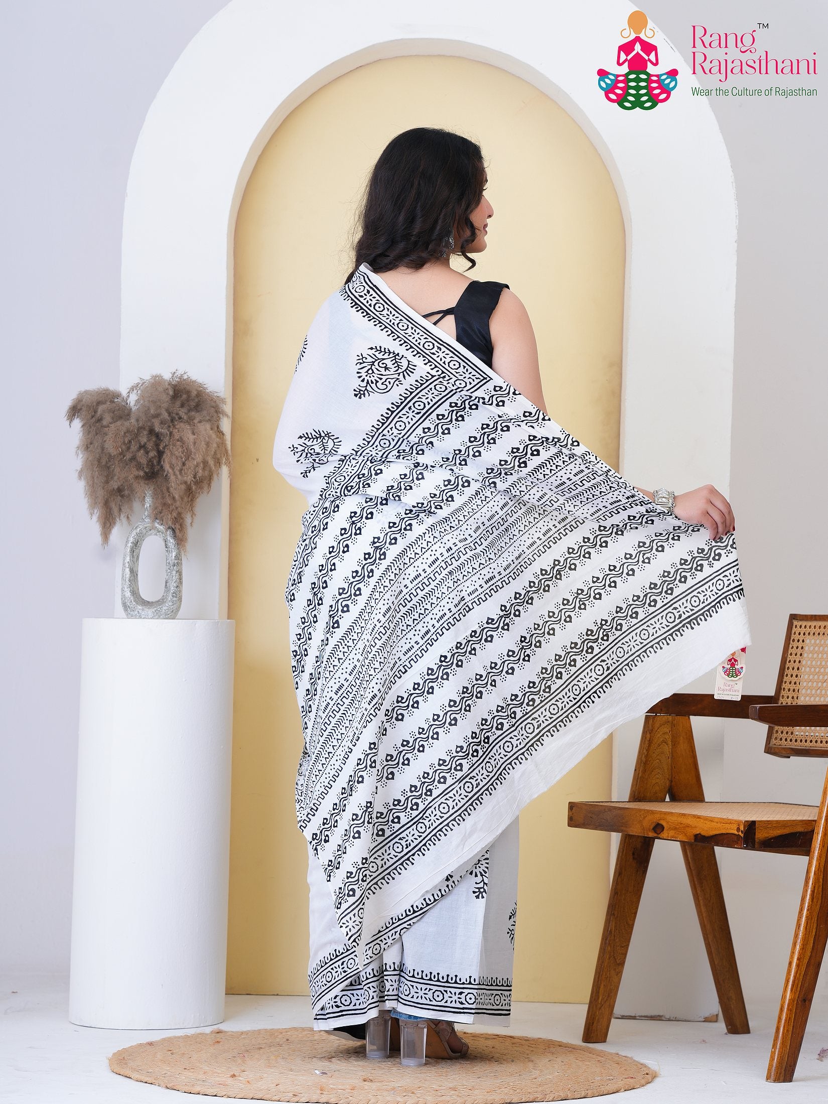 White Cotton saree with Printed back view