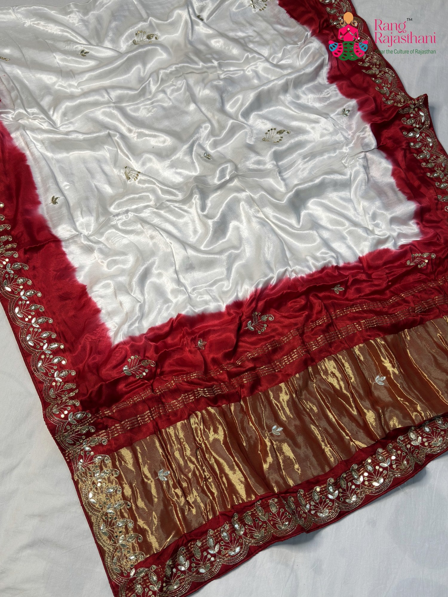 White Modal Gota Patti Faag Saree for Festive Celebration | Heritage Weave