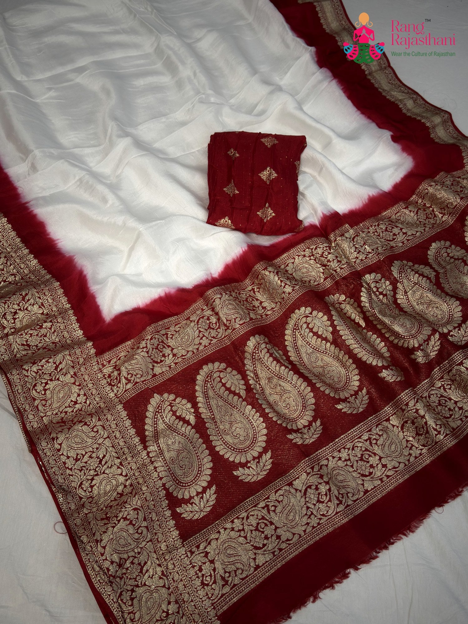 White Pure Russian Silk Banarasi Zari Weave Faag Saree for Wedding Guest | Wedding Ready