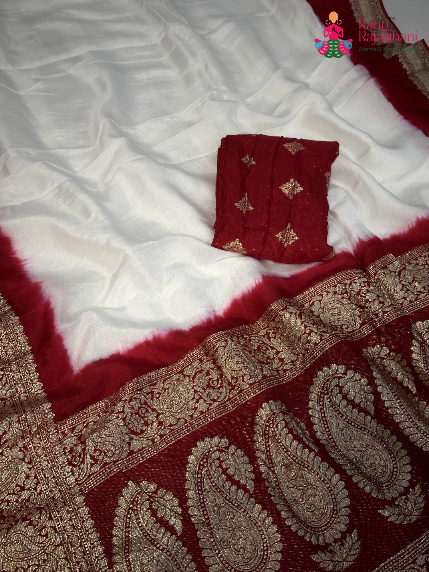 White Pure Russian Silk Banarasi Zari Weave Faag Saree for Wedding Guest | Wedding Ready
