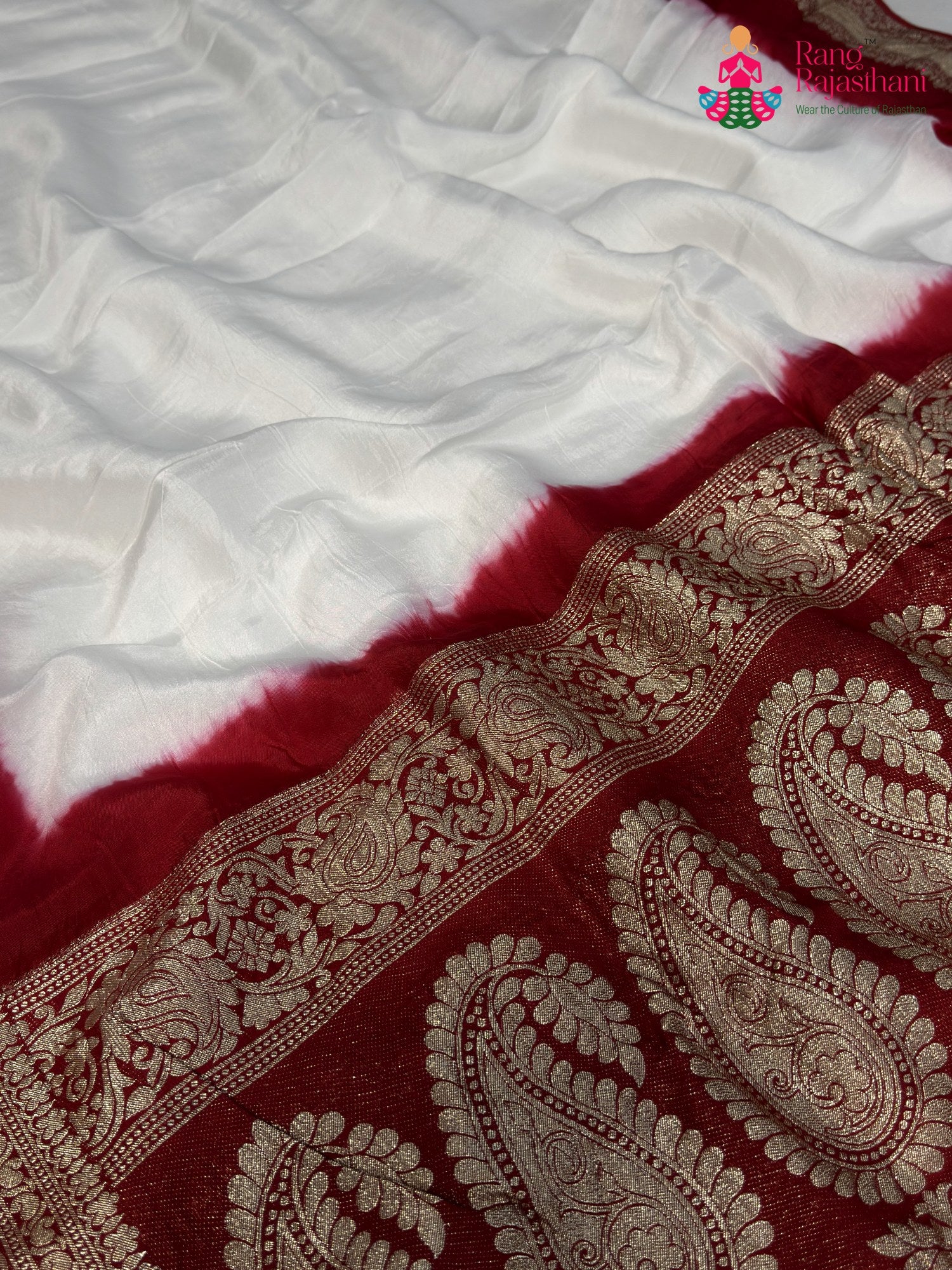 White Pure Russian Silk Banarasi Zari Weave Faag Saree for Wedding Guest | Wedding Ready