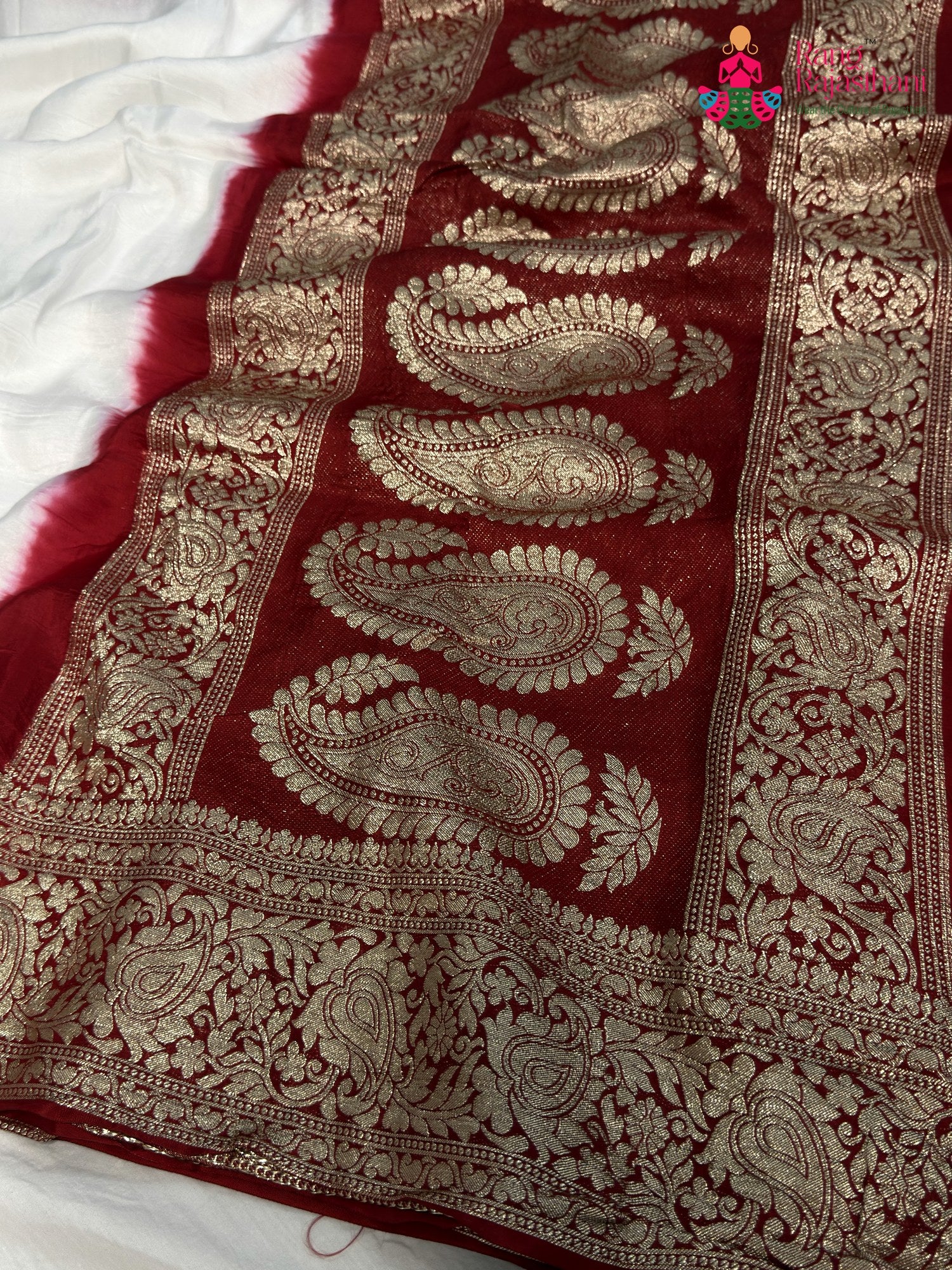 White Pure Russian Silk Banarasi Zari Weave Faag Saree for Wedding Guest | Wedding Ready