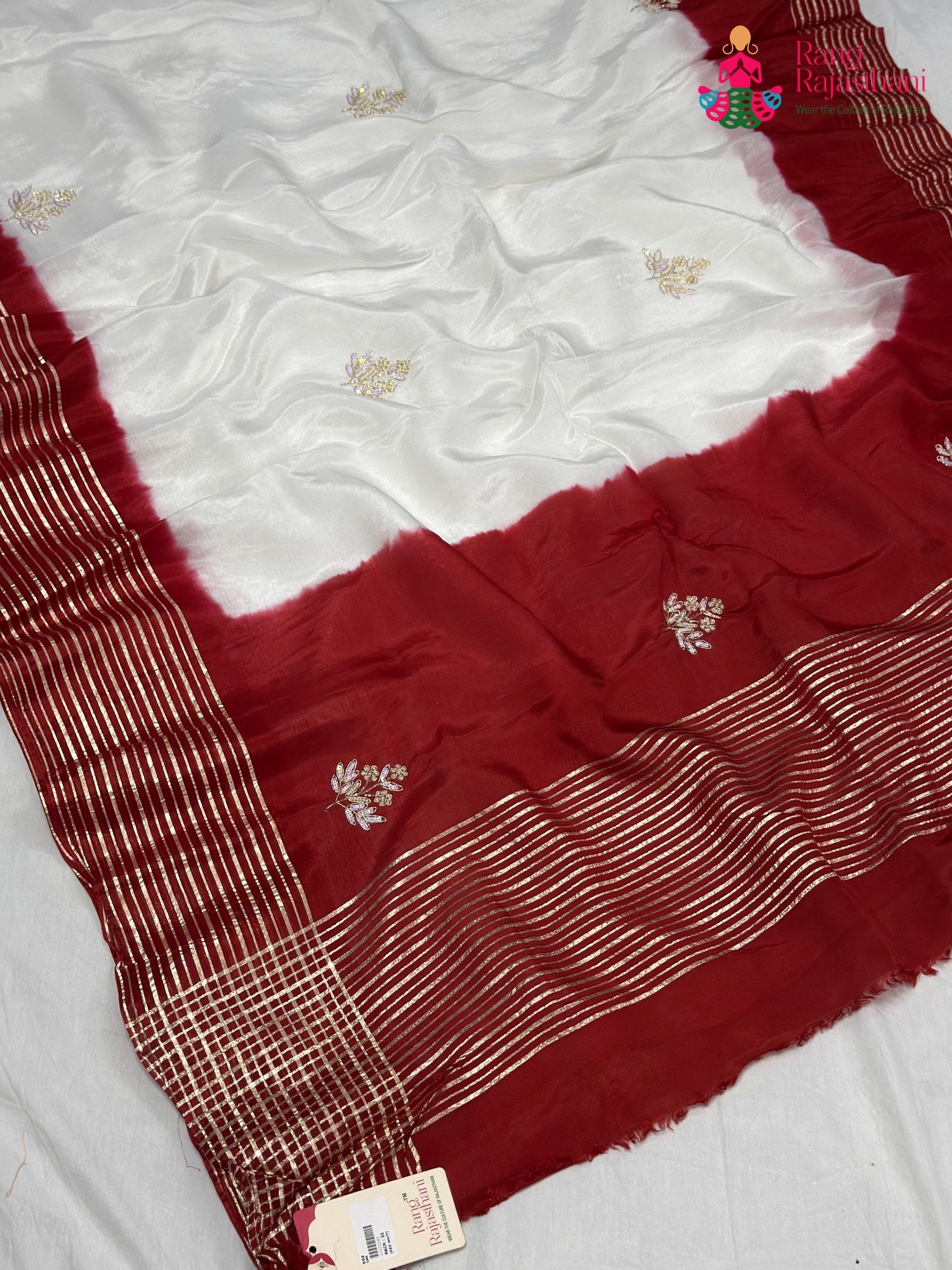 White Pure Russian Silk Hand Embellishment Faag Saree for Festive Celebration | Bridal Wear