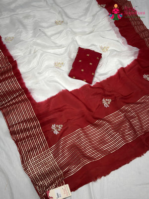 White Pure Russian Silk Hand Embellishment Faag Saree for Festive Celebration | Bridal Wear