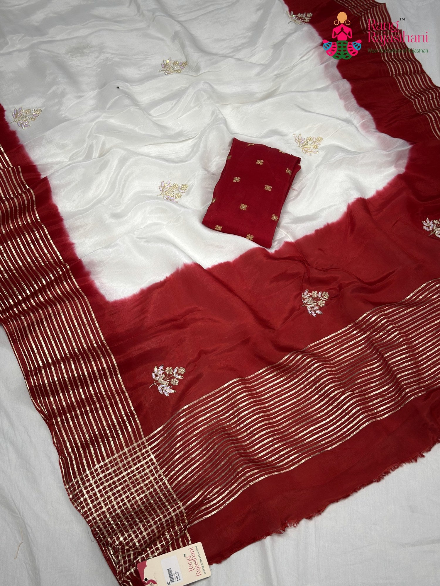 White Pure Russian Silk Hand Embellishment Faag Saree for Festive Celebration | Bridal Wear