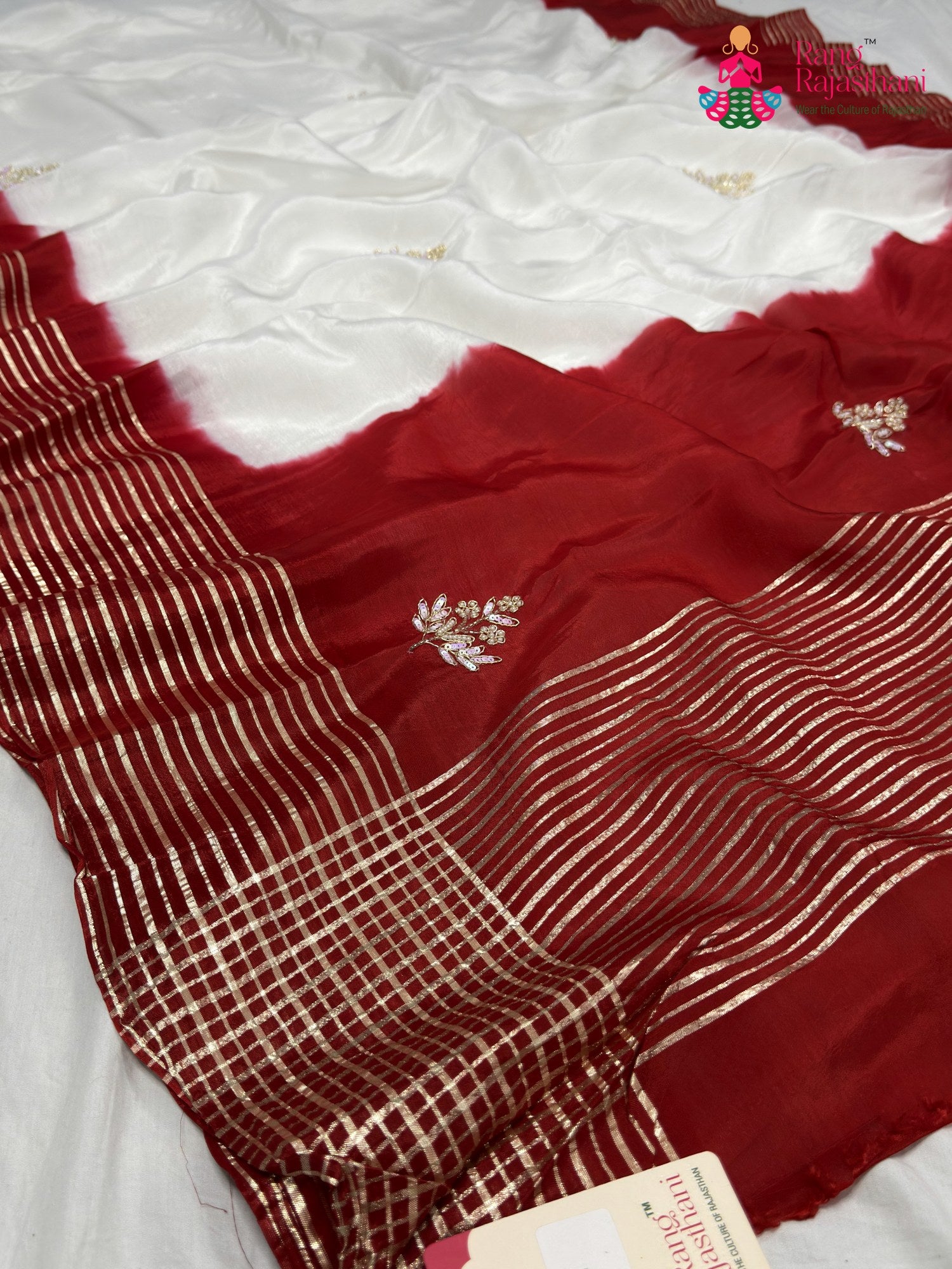 White Pure Russian Silk Hand Embellishment Faag Saree for Festive Celebration | Bridal Wear